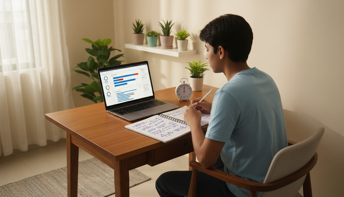 Photo Idea : A focused student at a tidy desk, laptop showing a timed mock test, notebook with neat short-form notes, a simple analog timer beside them