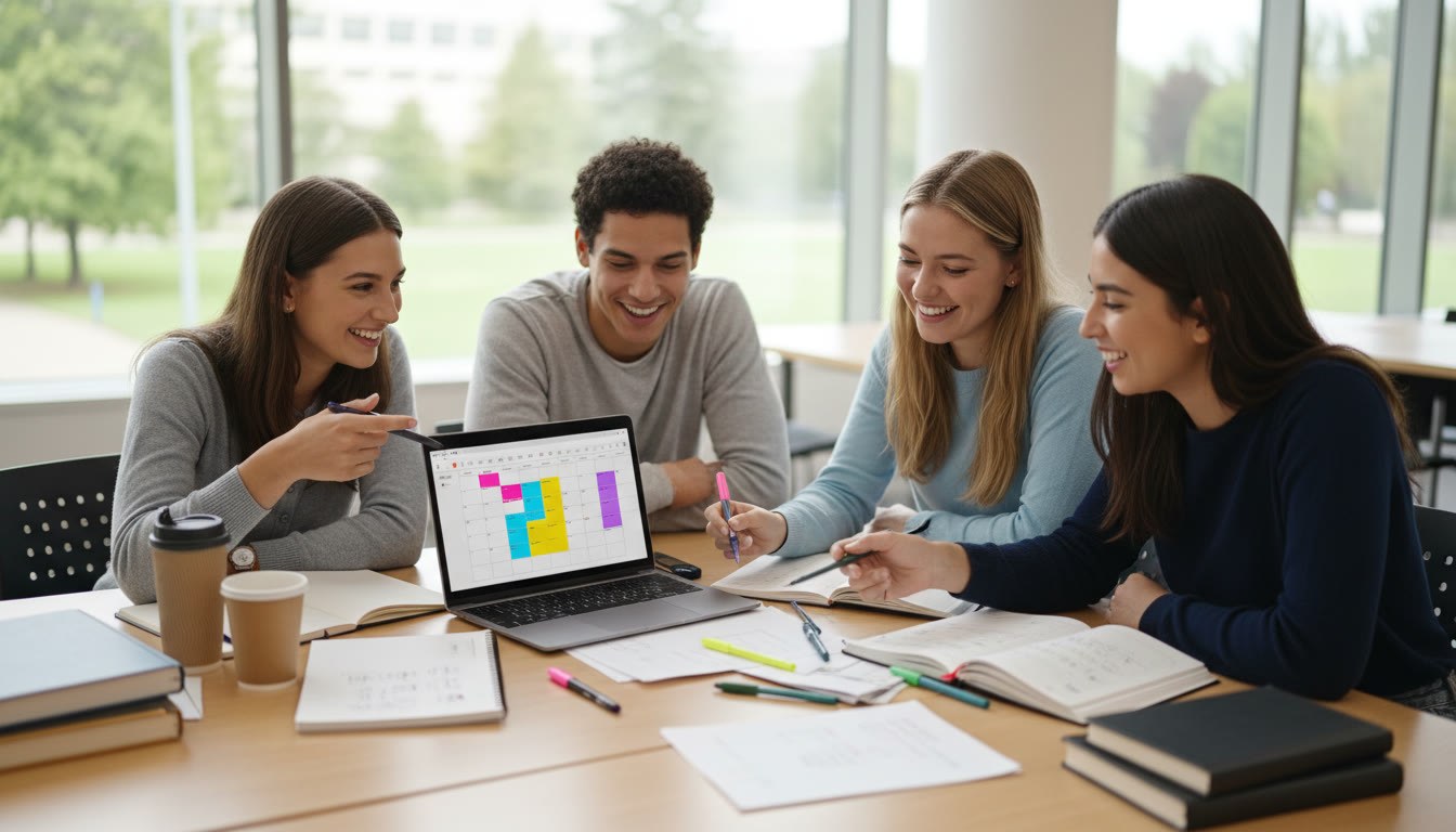 Photo Idea : Students gathered around a table with notebooks, a laptop showing a calendar, and pens, planning together.