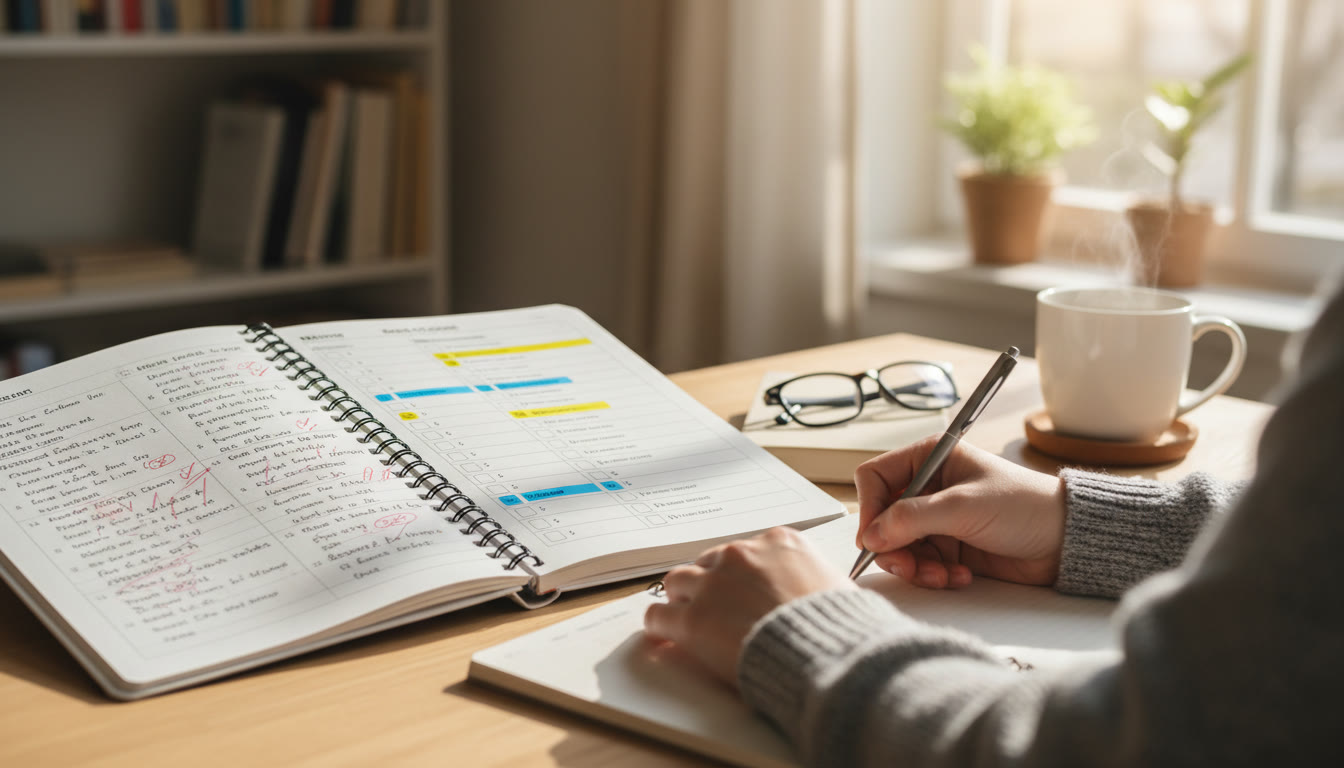 Photo Idea : Open workbook with graded past papers, a highlighted mark scheme, and a student writing notes