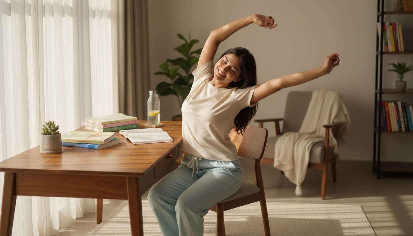 Photo Idea : Student doing light stretching at a study desk with textbooks, a water bottle, and natural morning light