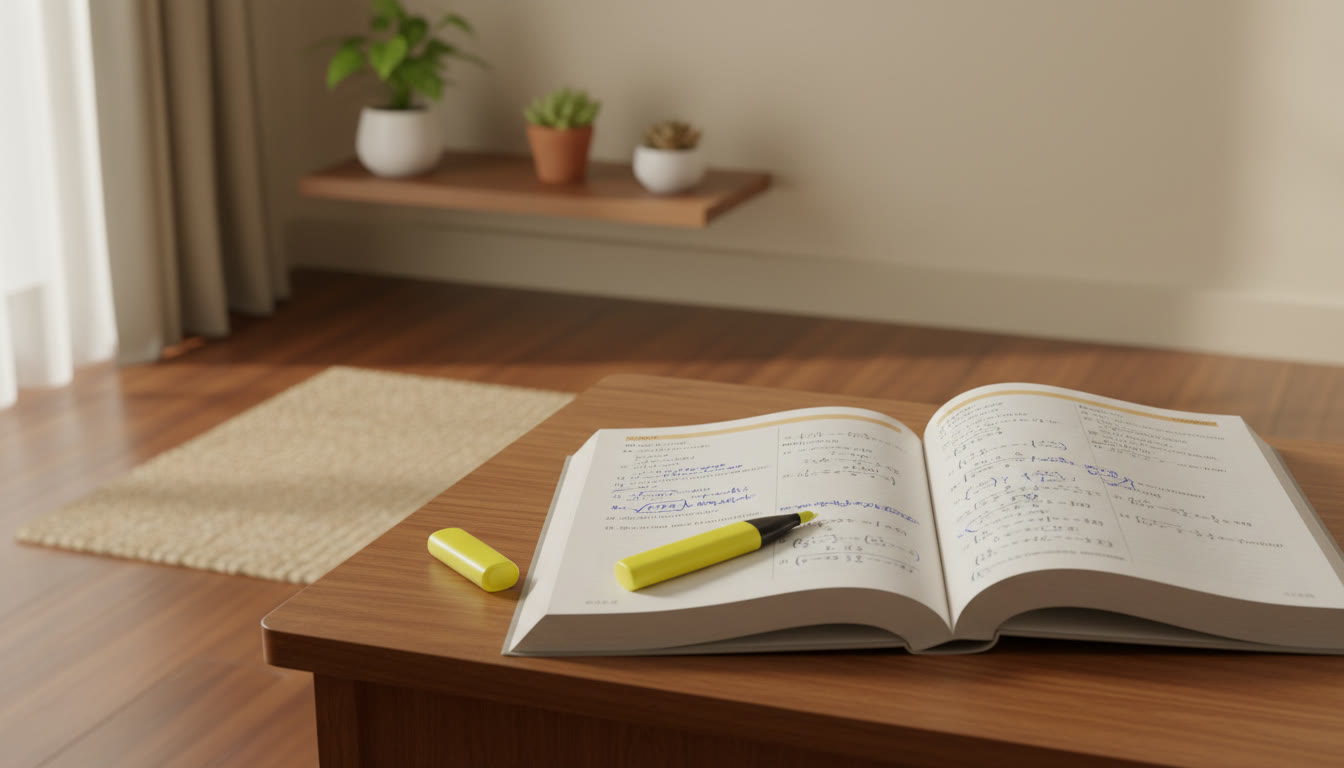 Photo Idea : An open book showing a solved example, with a student’s handwritten margin notes and a highlighter nearby