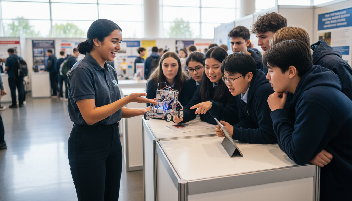 Photo Idea : An IB student presenting a compact robotics prototype at a school exhibition with attentive peers