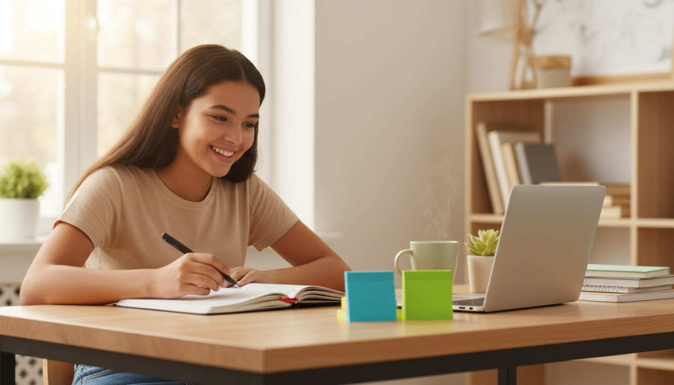 Photo Idea : Student at a tidy desk with two color-coded sticky notes labeled 