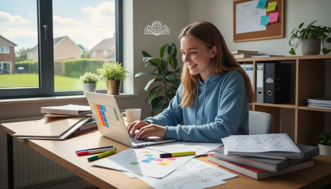 Photo Idea : A focused student at a tidy desk, surrounded by subject notes and a laptop showing a planning calendar