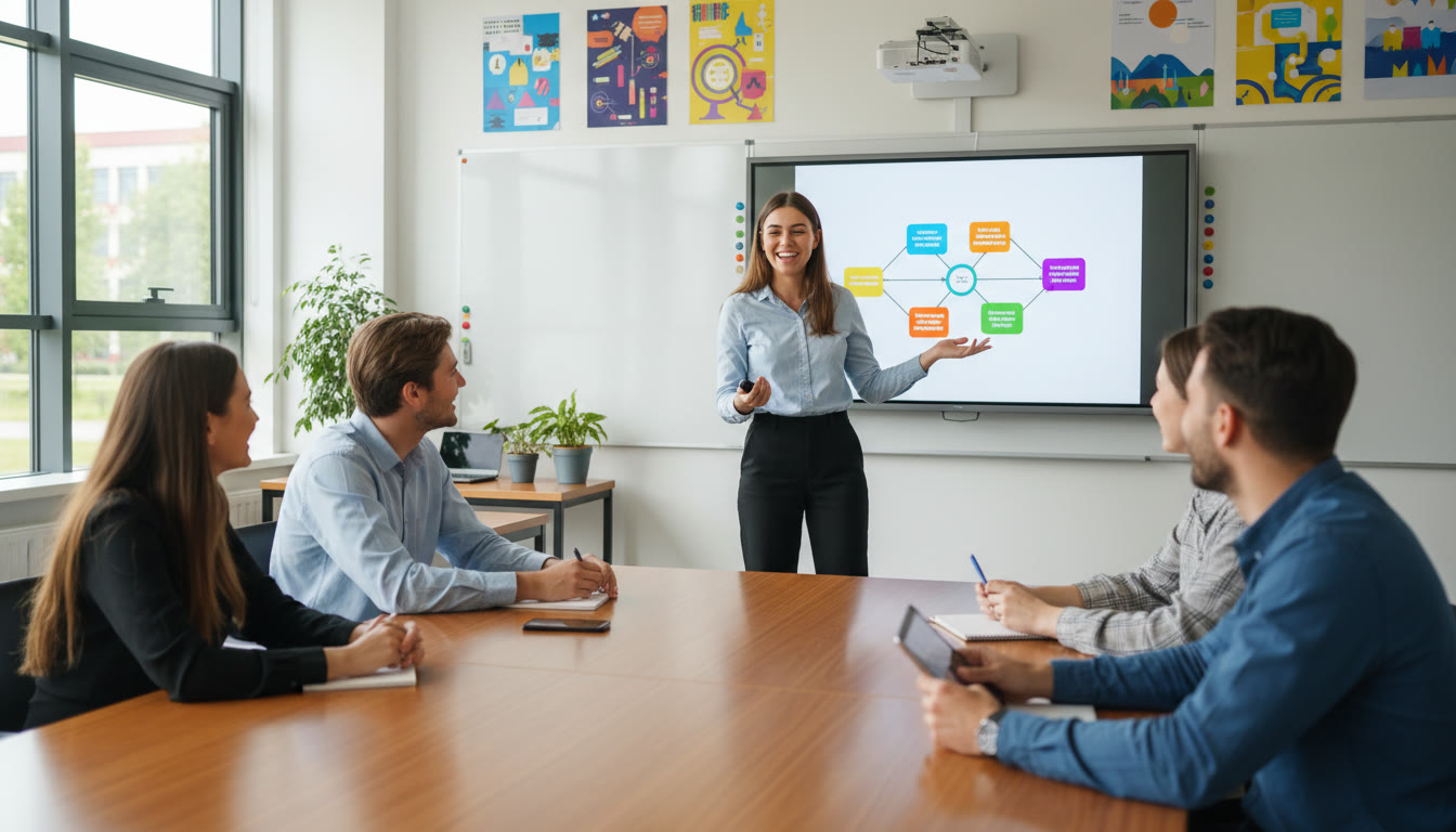 Photo Idea : A student presenting a concise slide deck to classmates in a classroom, demonstrating problem-solving