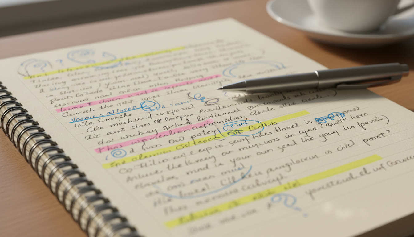 Photo Idea : close-up of a notebook page with handwritten annotations, highlighted sentences and a pen
