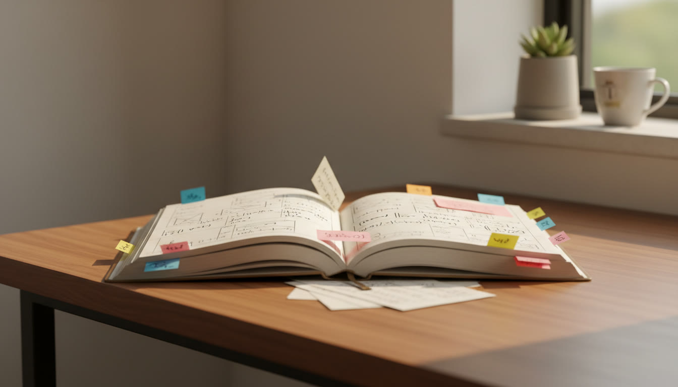 Photo Idea : Close-up of a student’s error log notebook with colored sticky notes and solved problem snippets