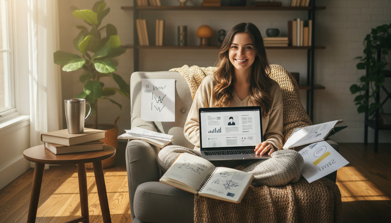 Photo Idea : Student in a warm study corner preparing for an interview with notes and a laptop