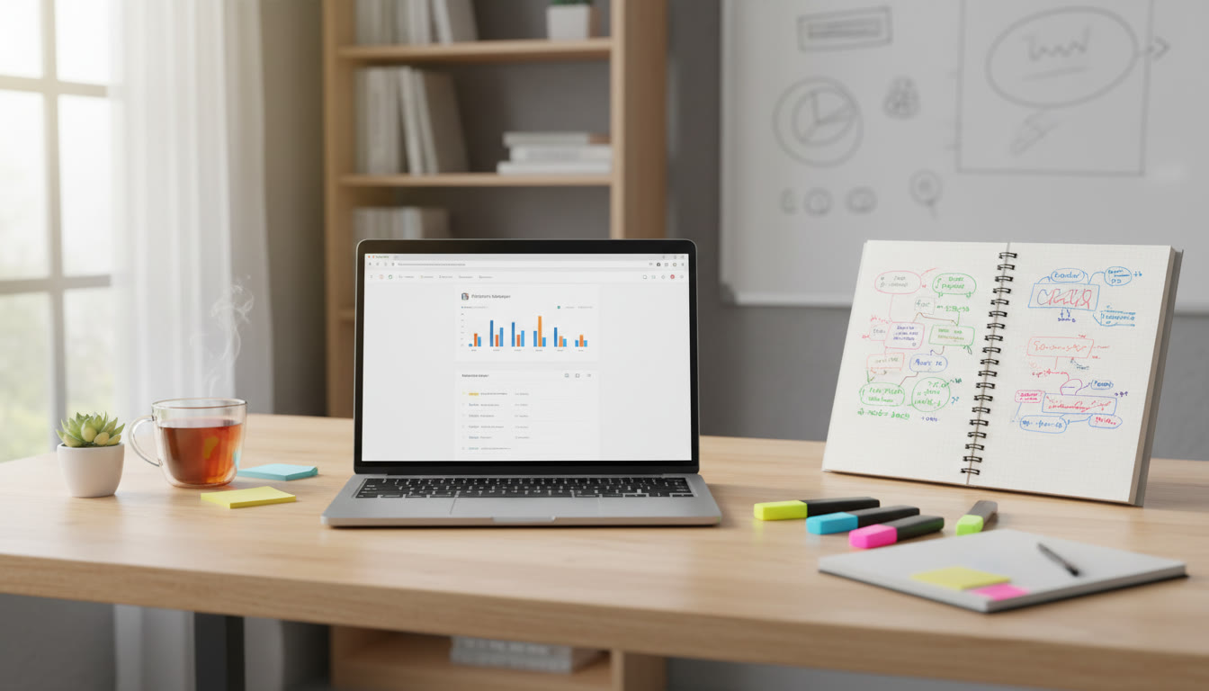Photo Idea : Student workspace with laptop displaying a reference manager, open notebook, and highlighters