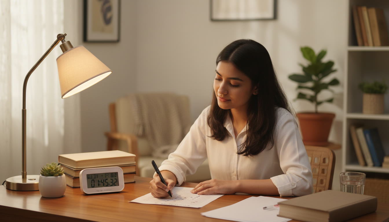 Photo Idea : Student calmly filling an OMR sheet under a small desk lamp with a timer visible