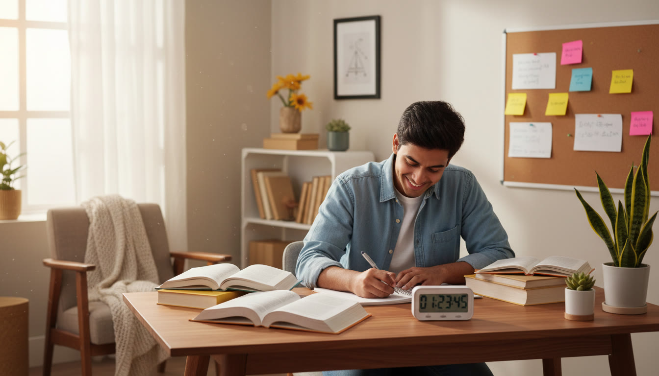 Photo Idea : A focused student at a desk with textbooks, sticky notes, and a timer, smiling and taking notes.
