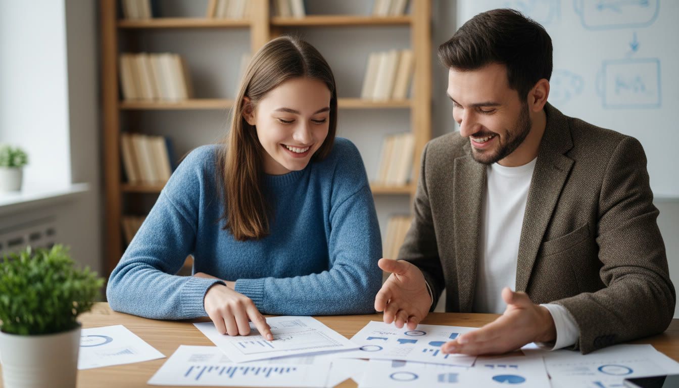 Photo Idea : Student and teacher reviewing a recommendation packet at a desk, pages spread out