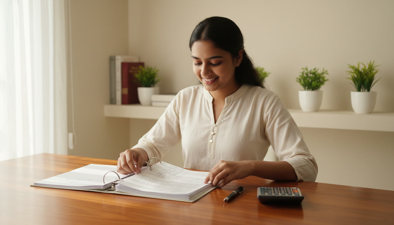 Photo Idea : Student arranging a neat practical file on a desk with experiment sheets, a pen, and a calculator