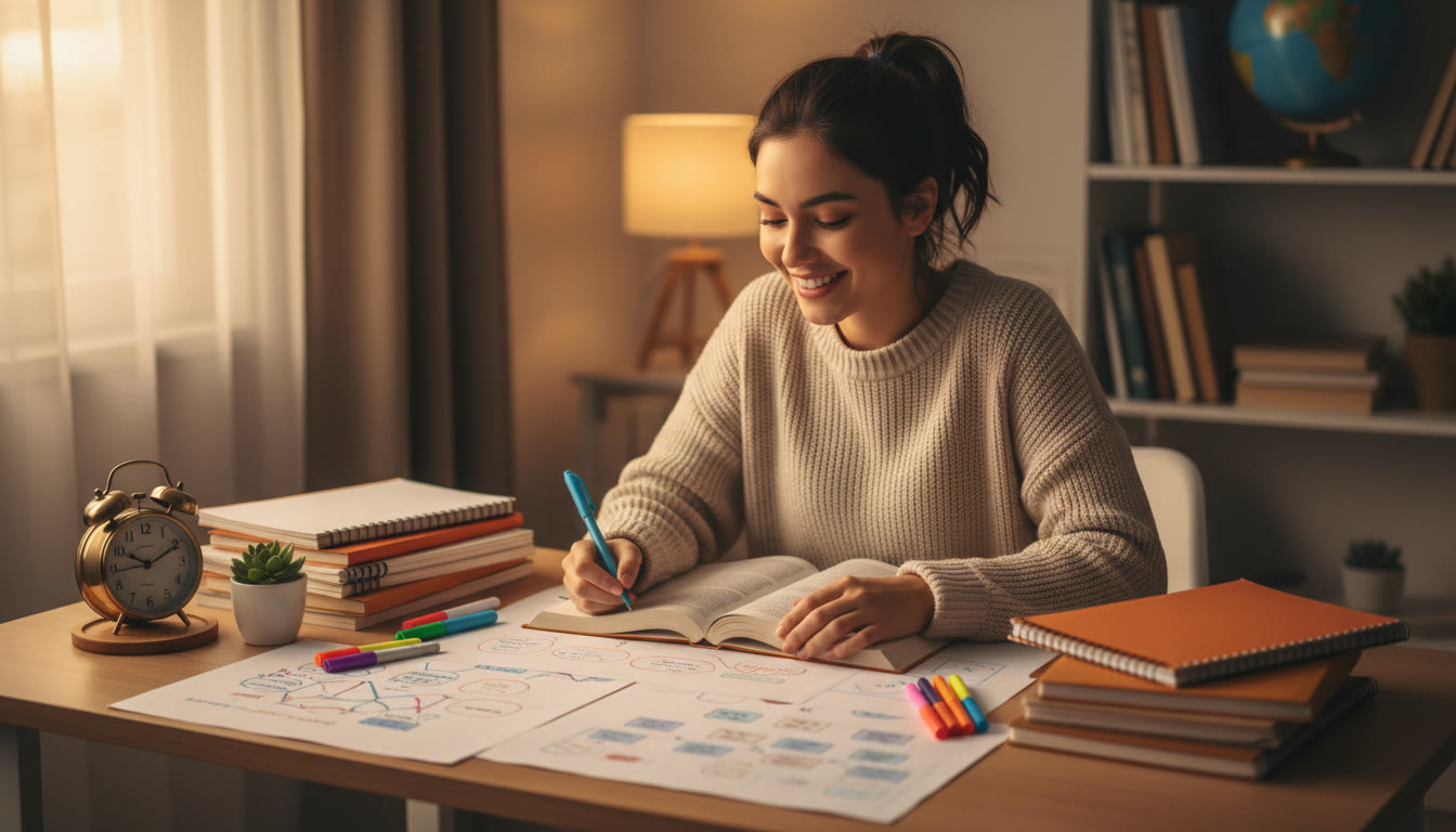 Photo Idea : Student at a tidy desk in warm evening light with neatly organized notes and an alarm clock