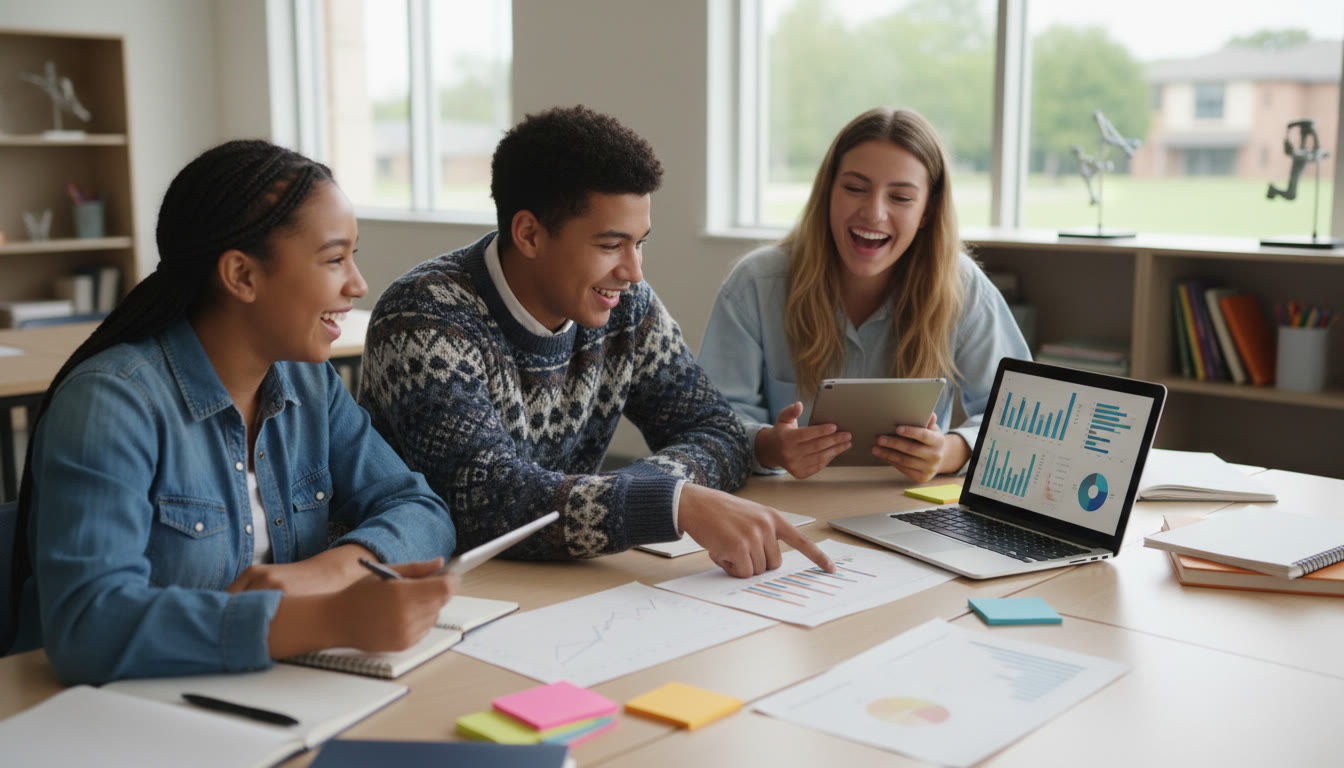 Photo Idea : A small group of students discussing data around a laptop and printed graphs in a bright classroom