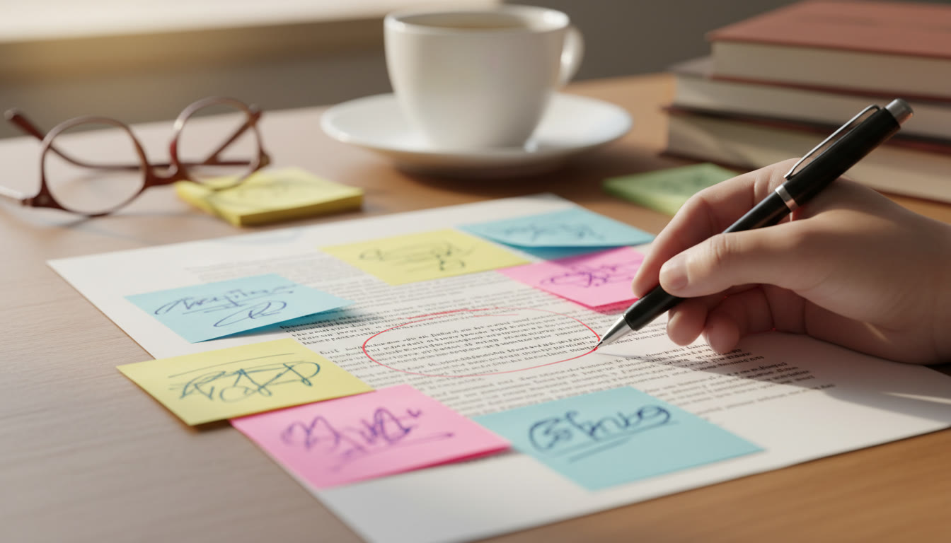 Photo Idea : Close-up of a printed draft with colored sticky notes and a pen marking a paragraph