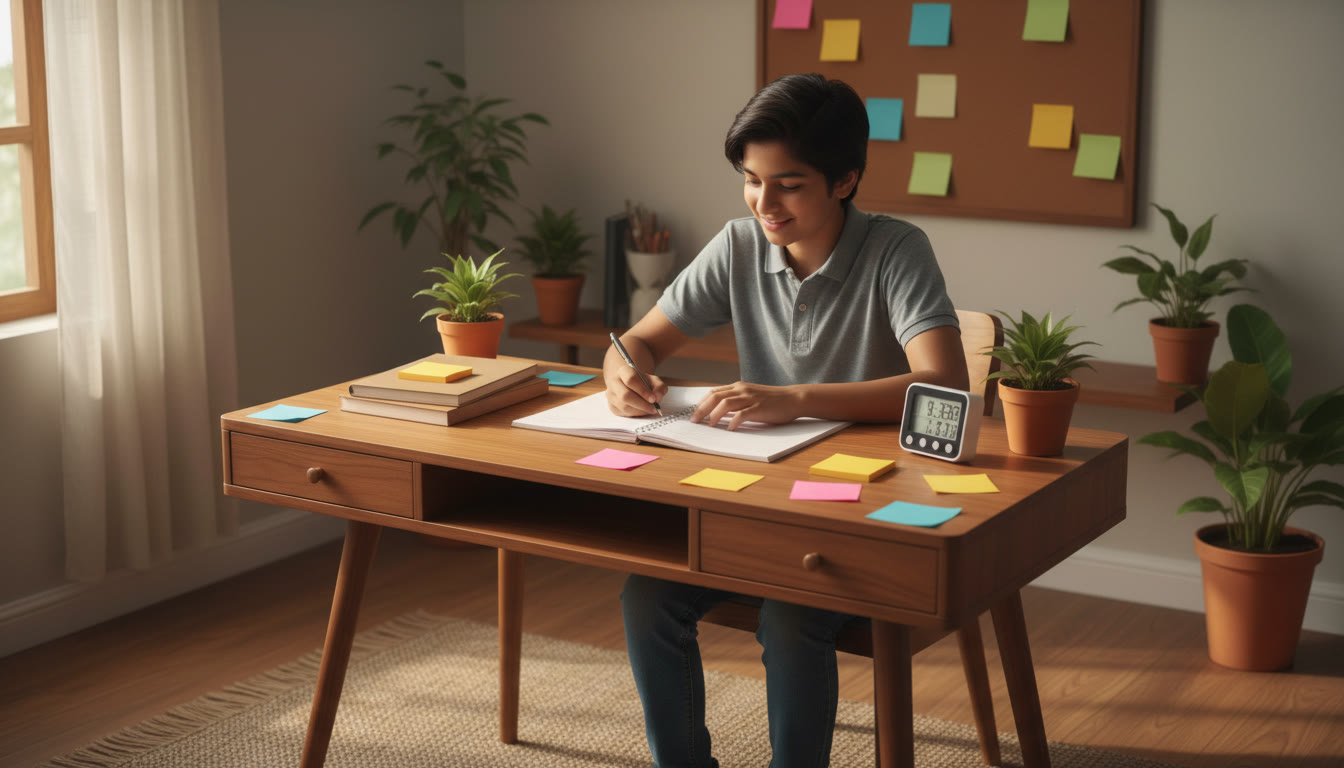 Photo Idea : A focused student at a study desk with three labeled notebooks (Physics, Chemistry, Mathematics), a visible timer, and sticky notes.