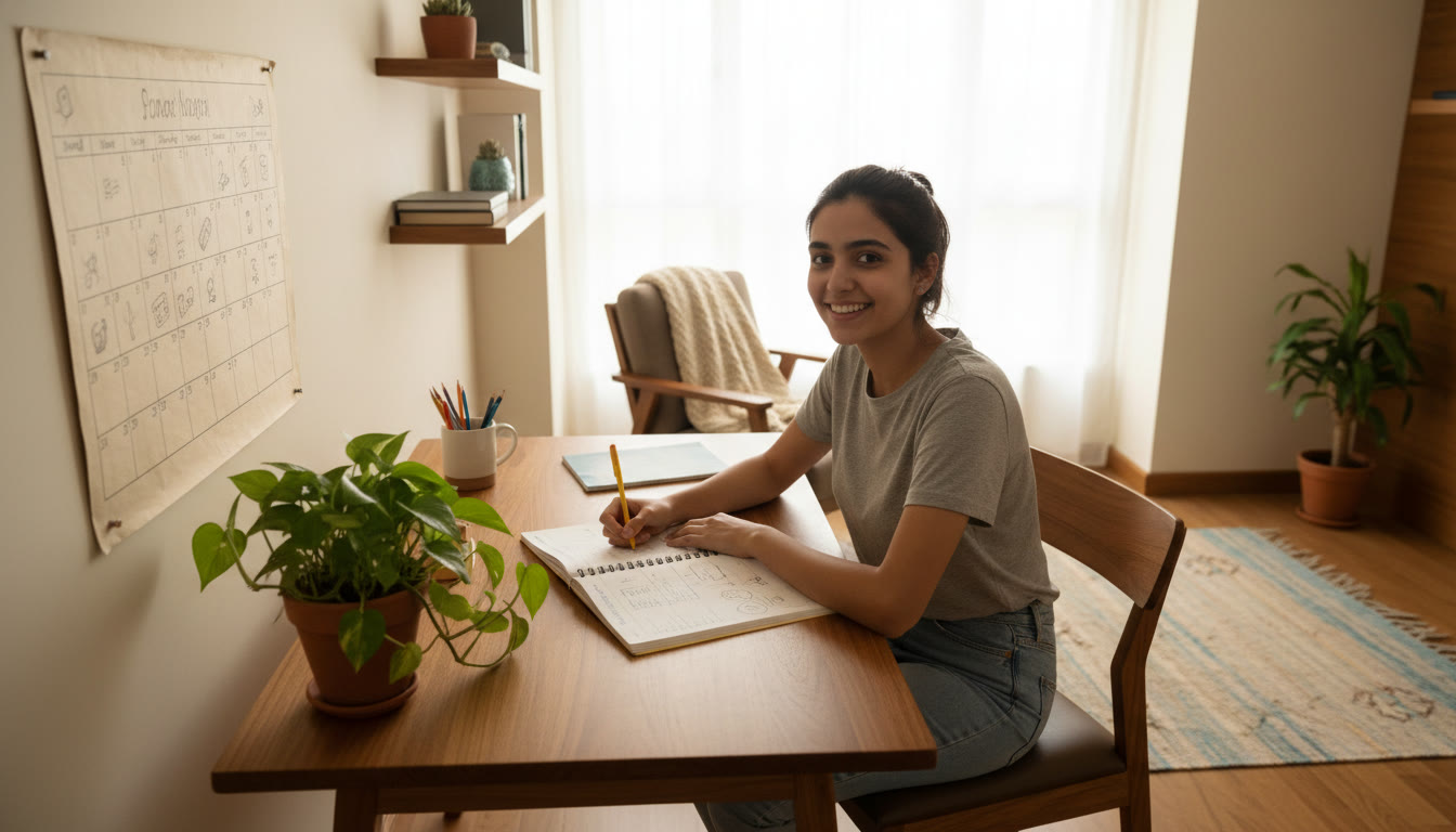 Photo Idea : Student at a tidy desk with notebook open, wall calendar marked with a 30-day plan