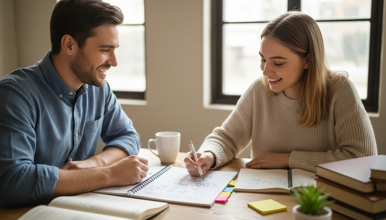 Photo Idea : Student and tutor reviewing a marked mock exam with notes and sticky tabs