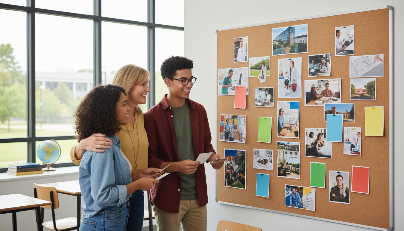 Photo Idea : Two students and a teacher looking at a moodboard of careers and university pamphlets