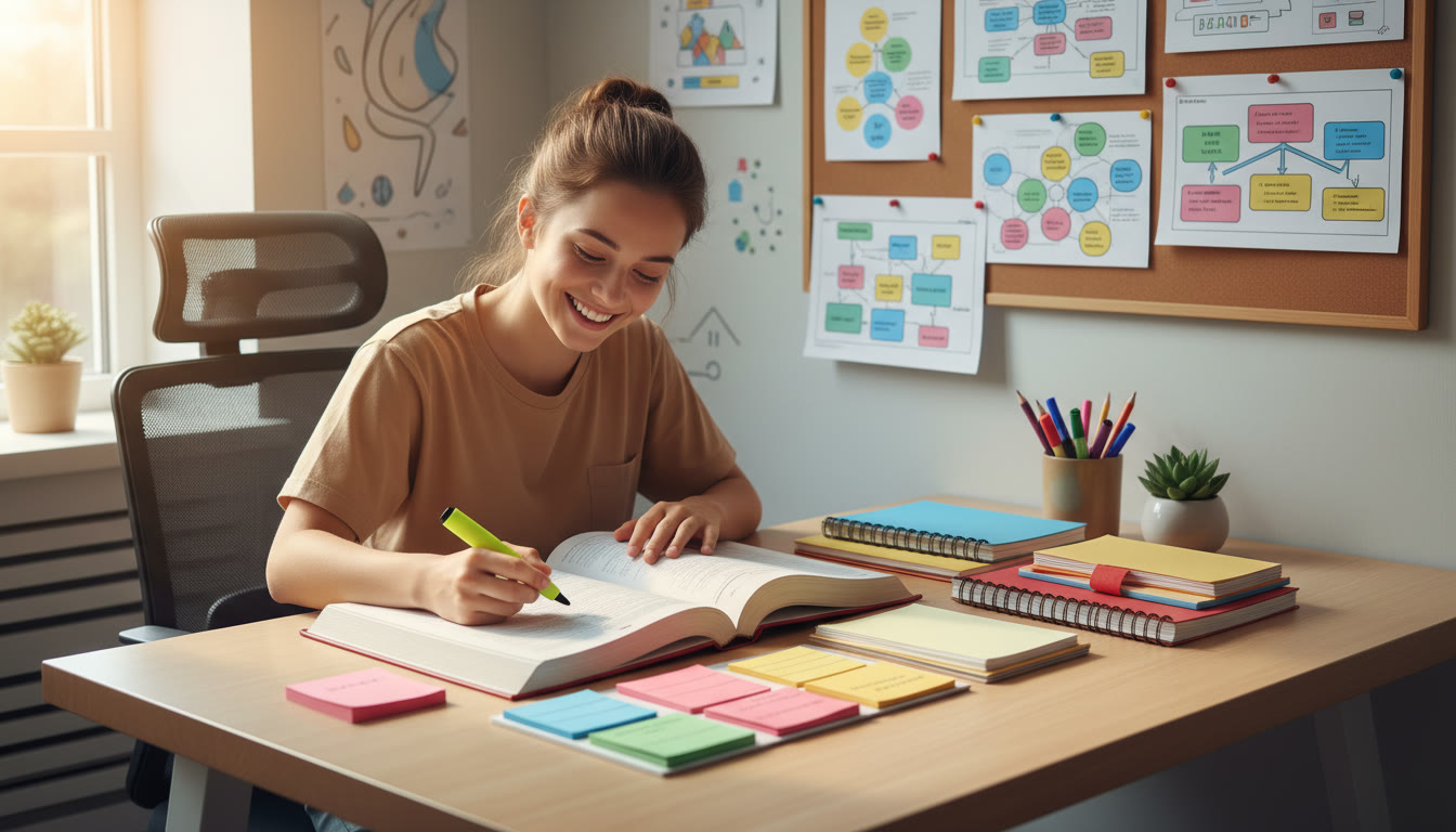 Photo Idea : a focused student at a tidy desk surrounded by color-coded notes and an open textbook