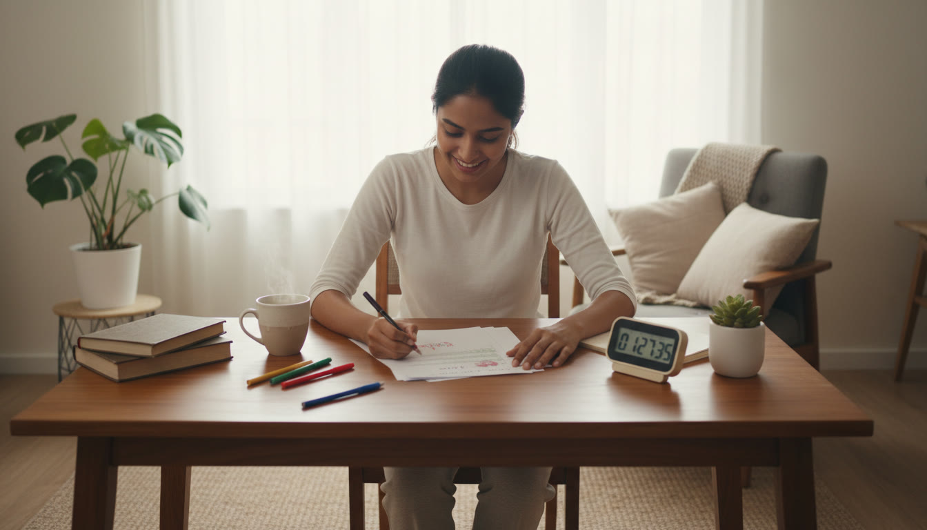 Photo Idea : A focused student at a desk analyzing a mock test paper with colored pens and a timer visible