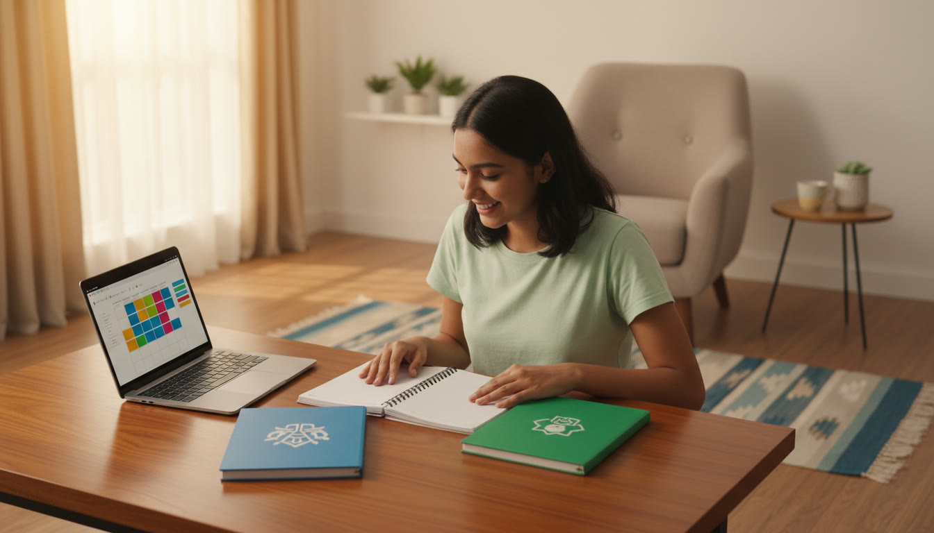 Photo Idea : Student at a desk comparing two open notebooks labelled