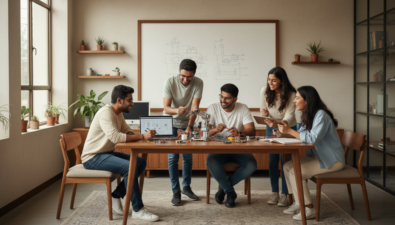 Photo Idea : A group of students collaborating on a robotics project in a lab