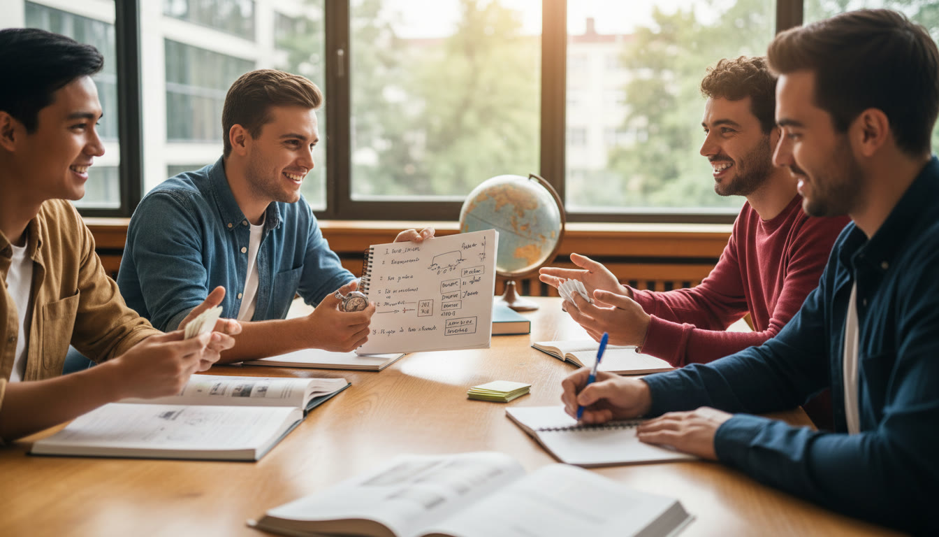 Photo Idea : A small group practicing mock interviews in a library with notes and a stopwatch
