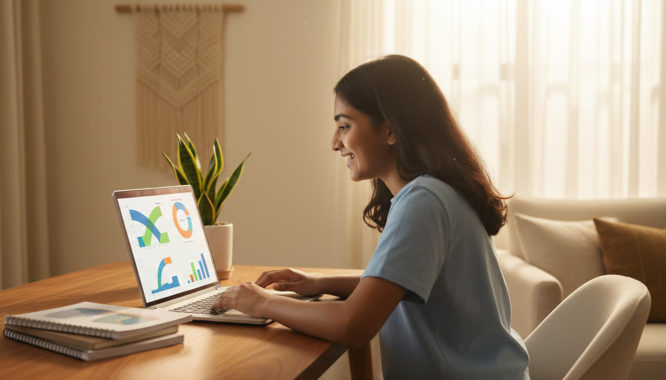 Photo Idea : A focused student examining a digital scorecard with percentile graphs on a laptop screen