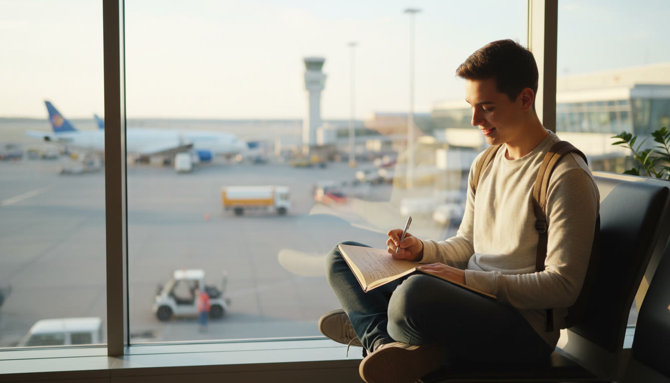 Photo Idea : Student with a small backpack writing in a notebook at an airport window