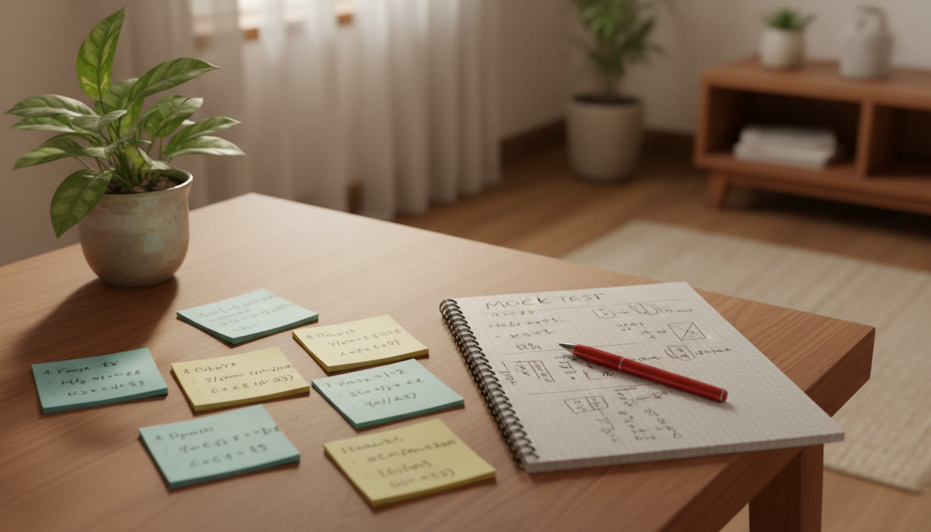 Photo Idea : Close-up of handwritten mini-notes and flashcards, scattered next to a solved mock test paper and a pen.