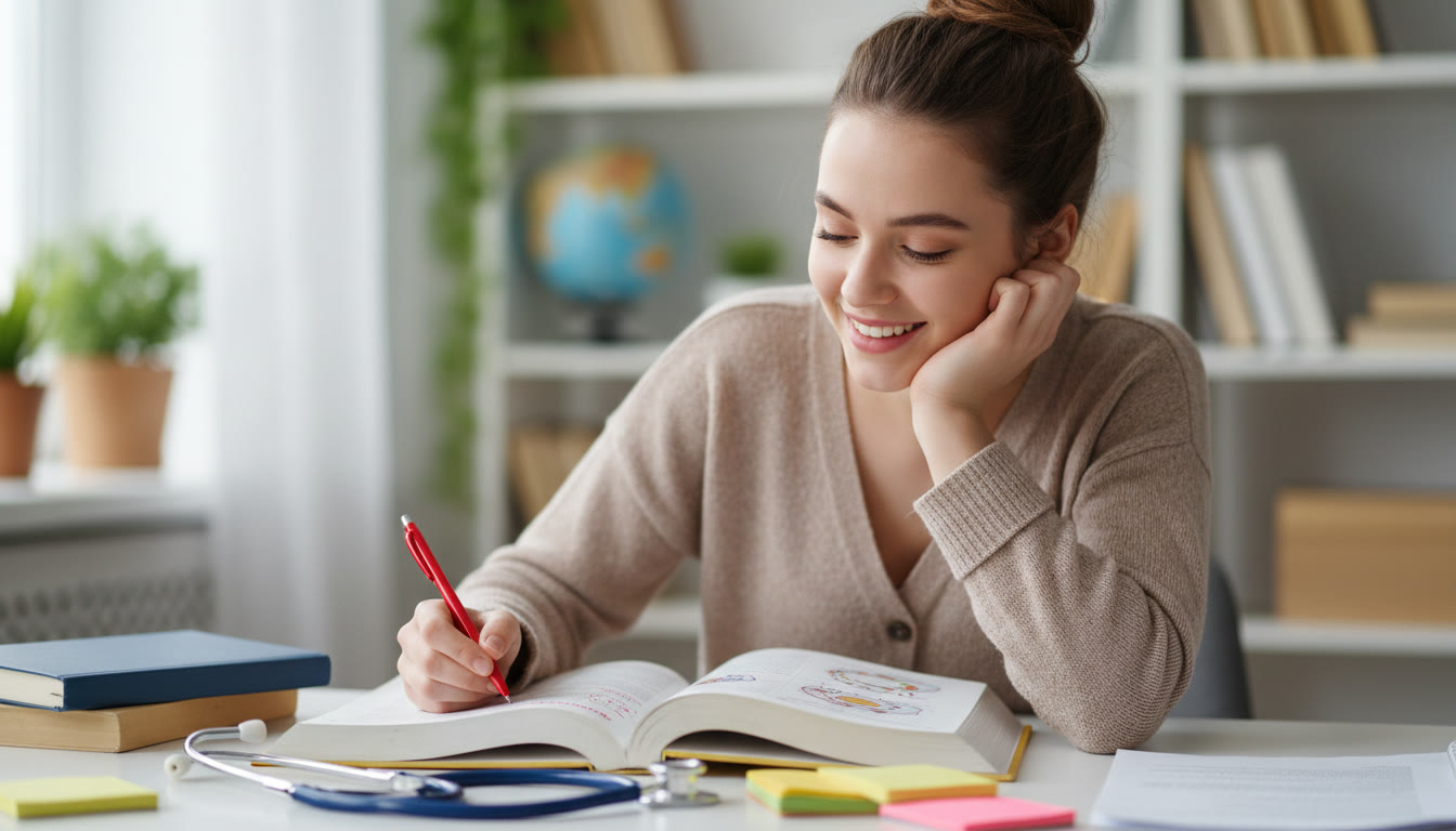 Photo Idea : Close-up of an IB student annotating a biology textbook with a stethoscope nearby
