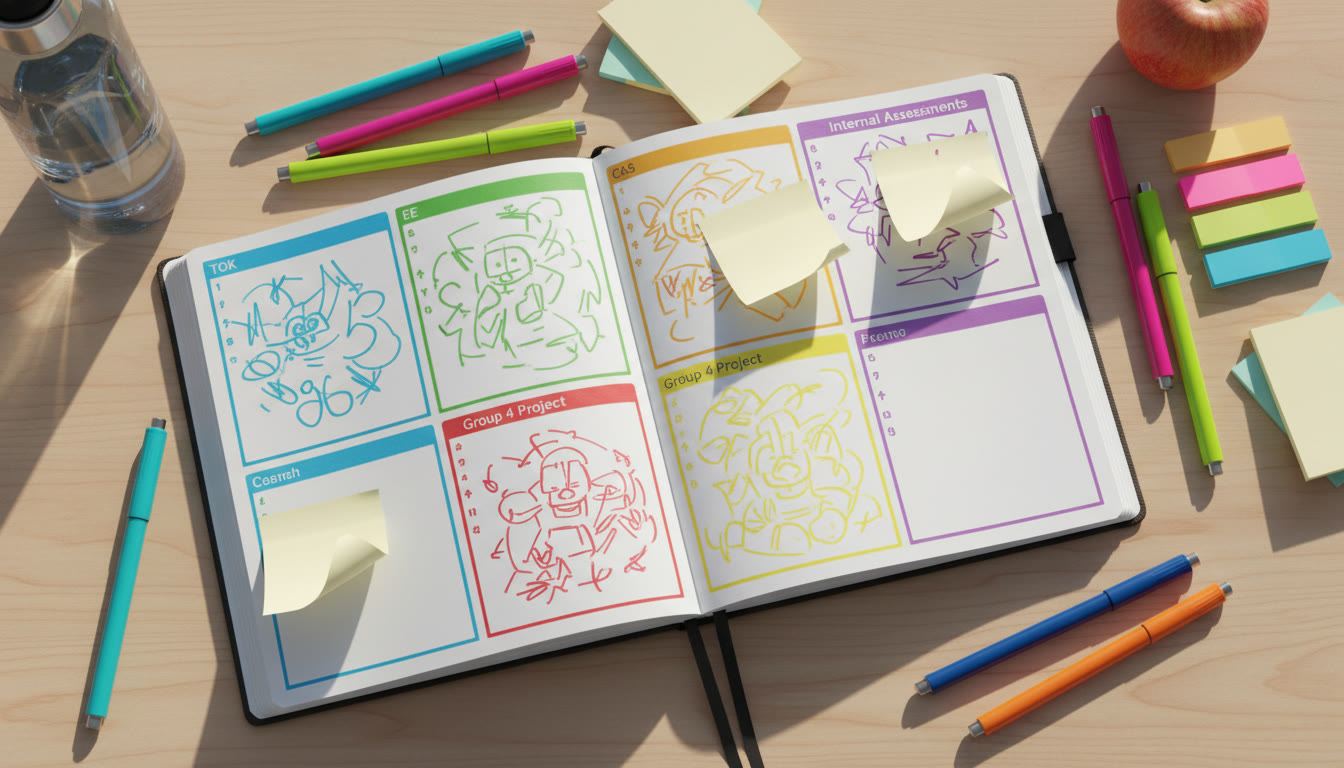 Photo Idea : Overhead of a colorful student planner open on a desk with pens and sticky notes