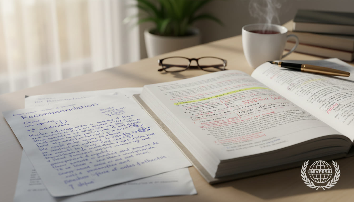 Photo Idea : a close-up of a handwritten recommendation draft beside an IB student’s annotated Extended Essay