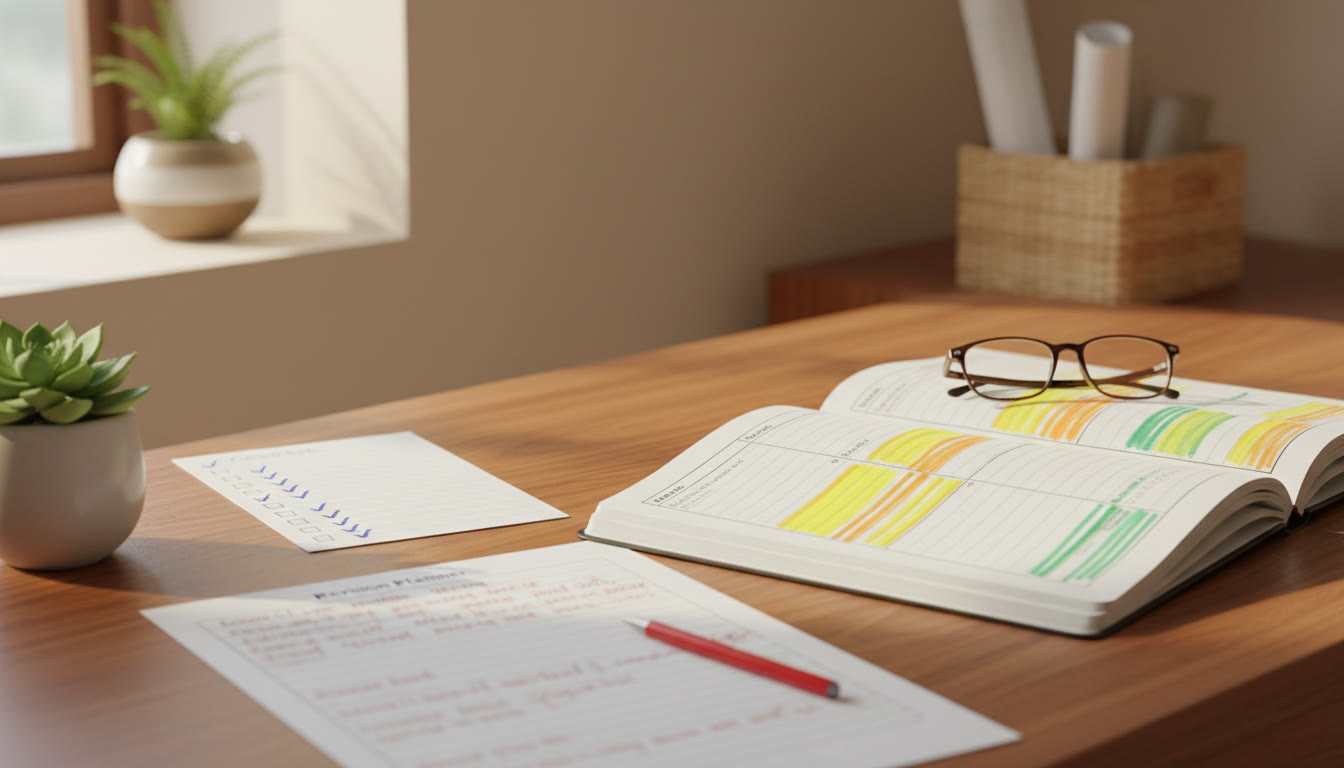 Photo Idea : Close-up of a studentโs desk with a marked mock test, checklist, and a highlighted revision planner