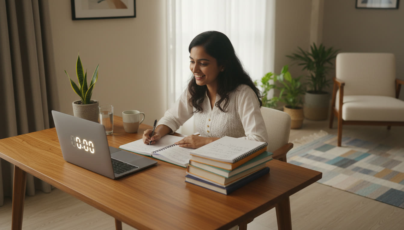 Photo Idea : A focused student at a desk with ISC textbooks, NEET notes, and a laptop showing a timer