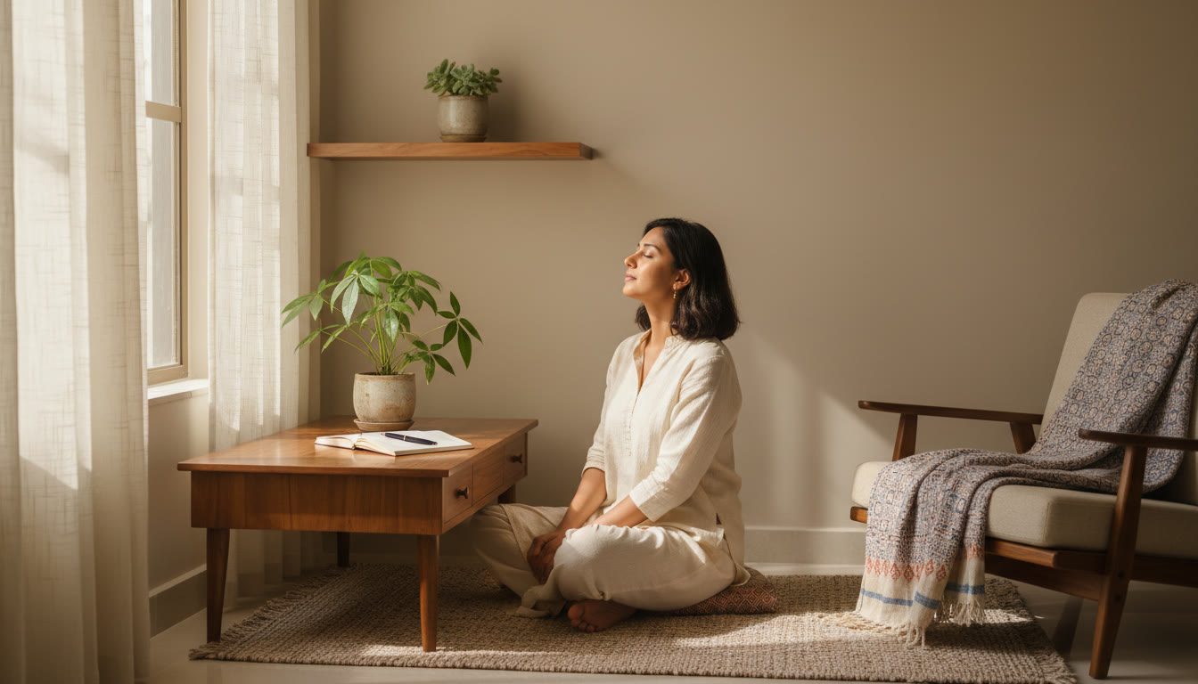 Photo Idea : A calm study corner with natural light, a notebook, and a student taking a breathing break.