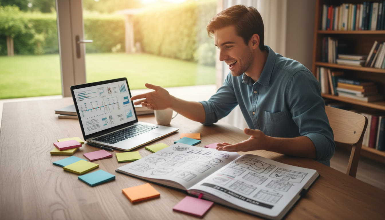 Photo Idea : student spreading colorful notes and a laptop on a desk while making a 24-month plan