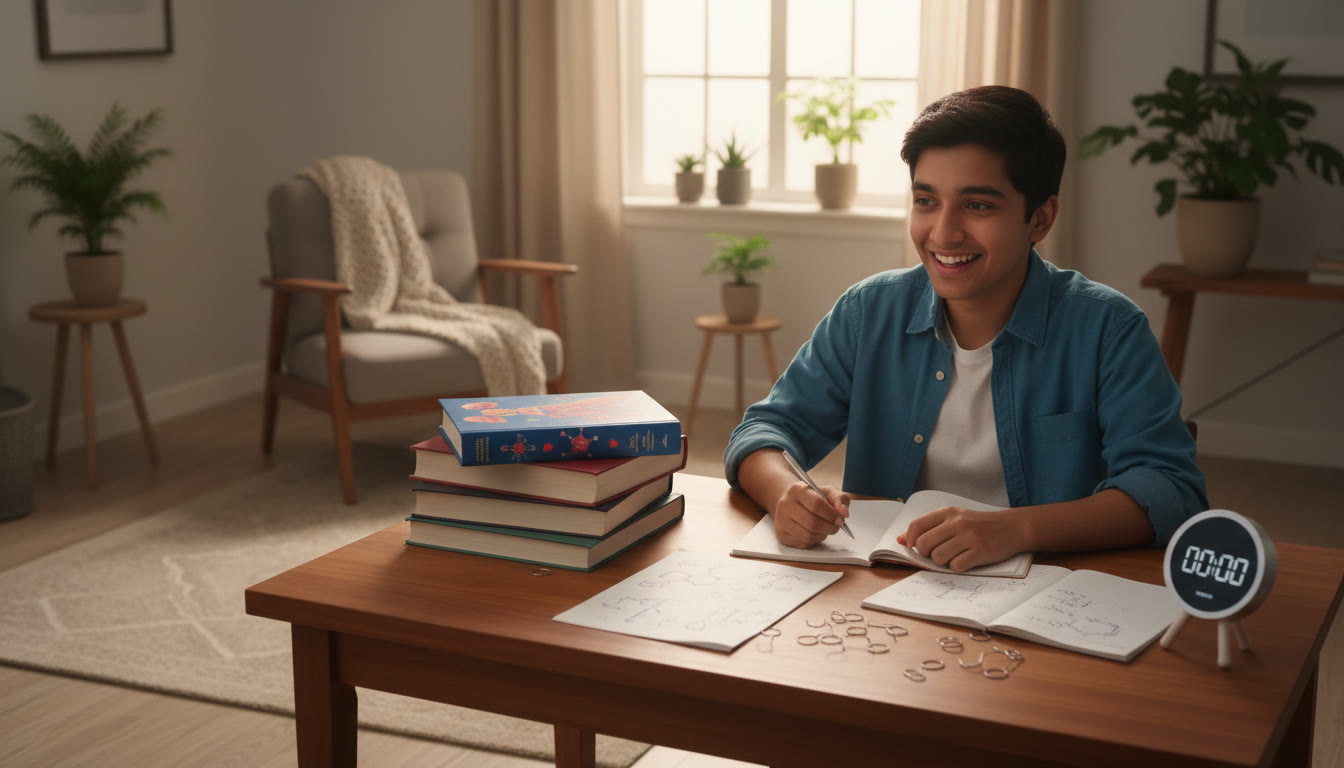 Photo Idea : A focused student at a desk with NEET textbooks, a timer, and neat handwritten notes