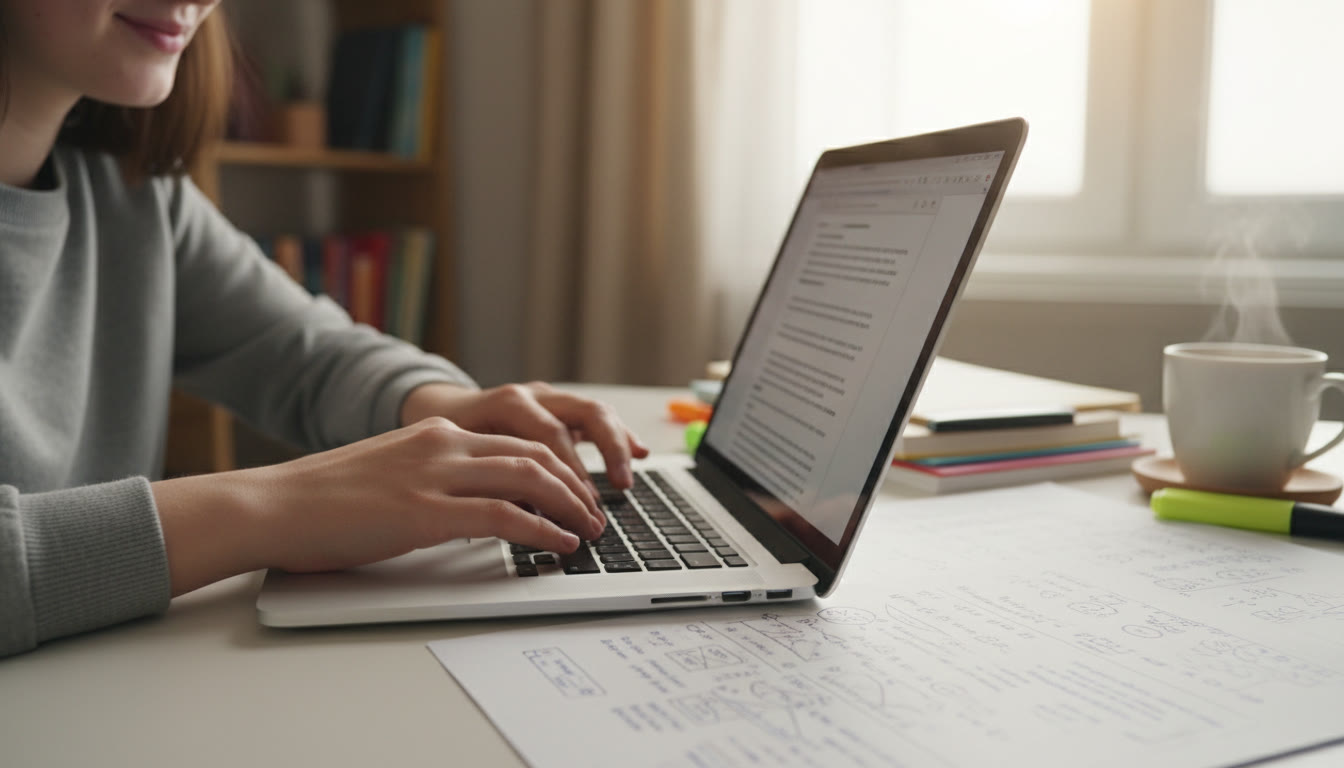 Photo Idea : Close-up of a student’s hands typing a motivation letter on a laptop with pages of EE notes beside it