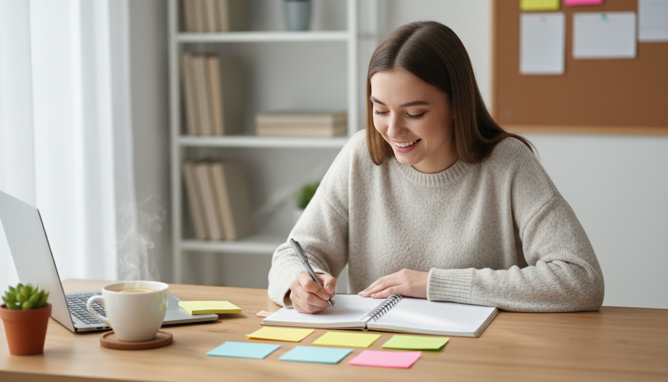 Photo Idea : a student at a tidy desk writing in a planner with sticky notes and a cup of tea