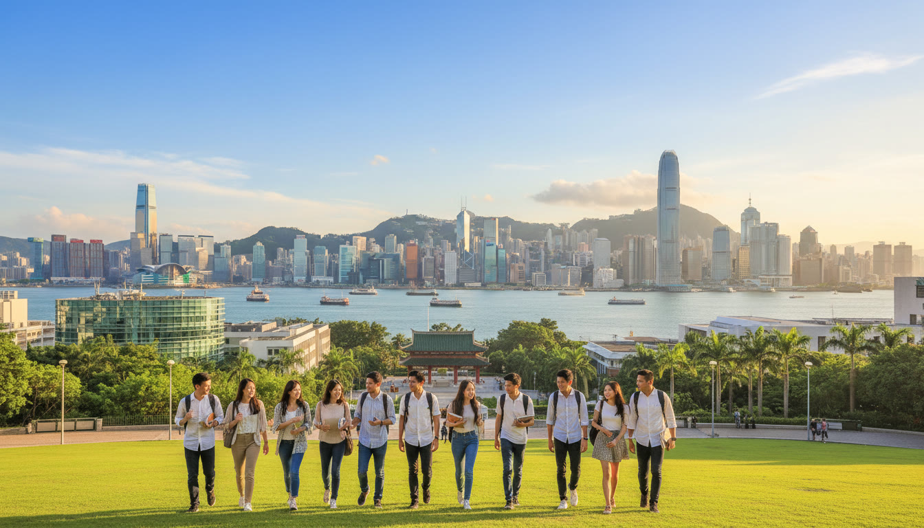 Photo Idea : Students walking across a Hong Kong campus with Victoria Harbour and city skyline in the background