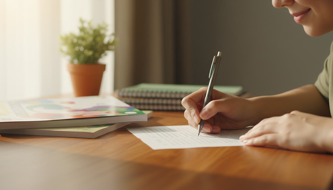 Photo Idea : Close-up of a hand marking an answer sheet with a pencil beside NEET practice booklets