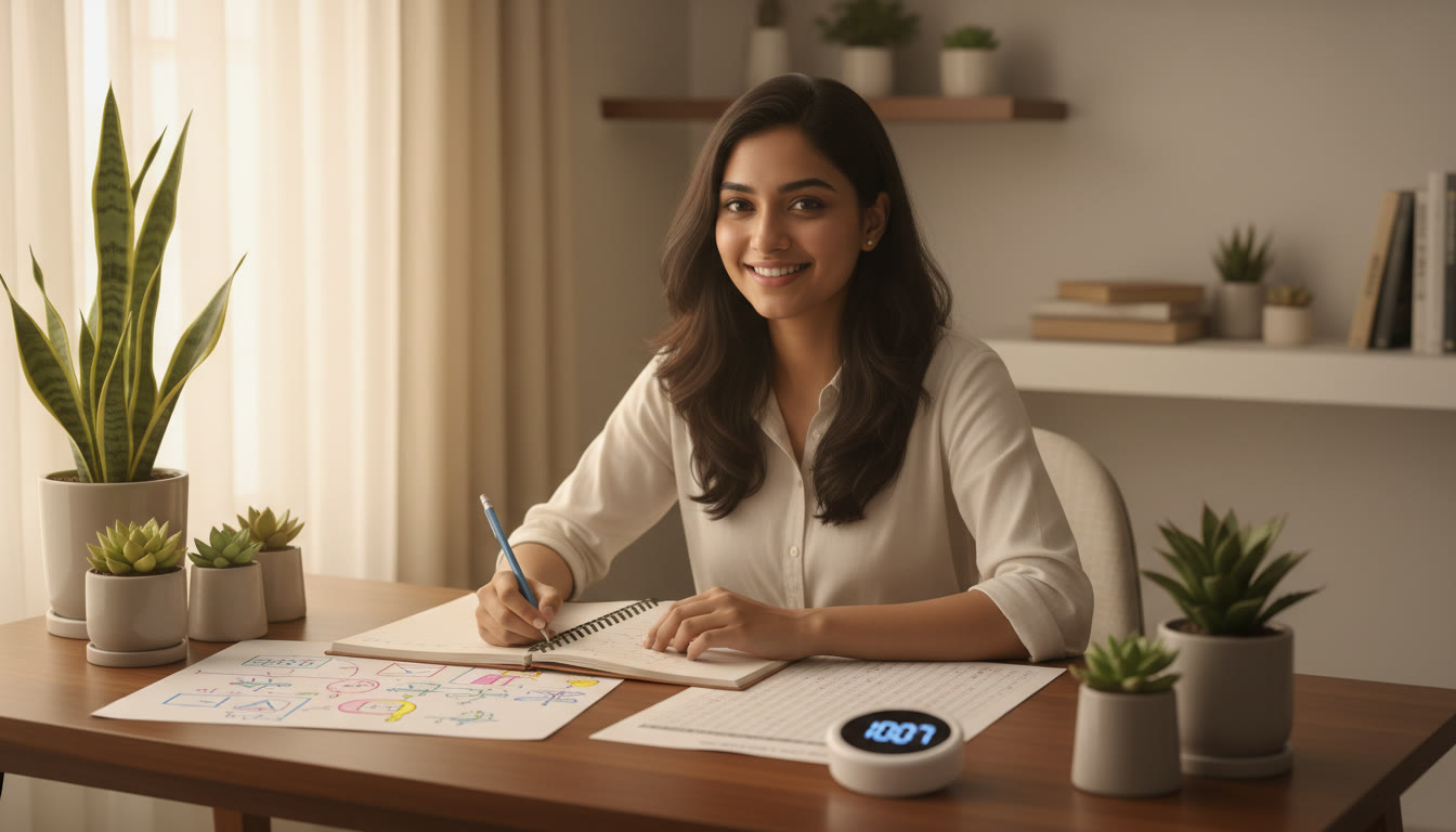 Photo Idea : Student at a desk with a timer, open notebook full of annotated mistakes, and a mock OMR sheet