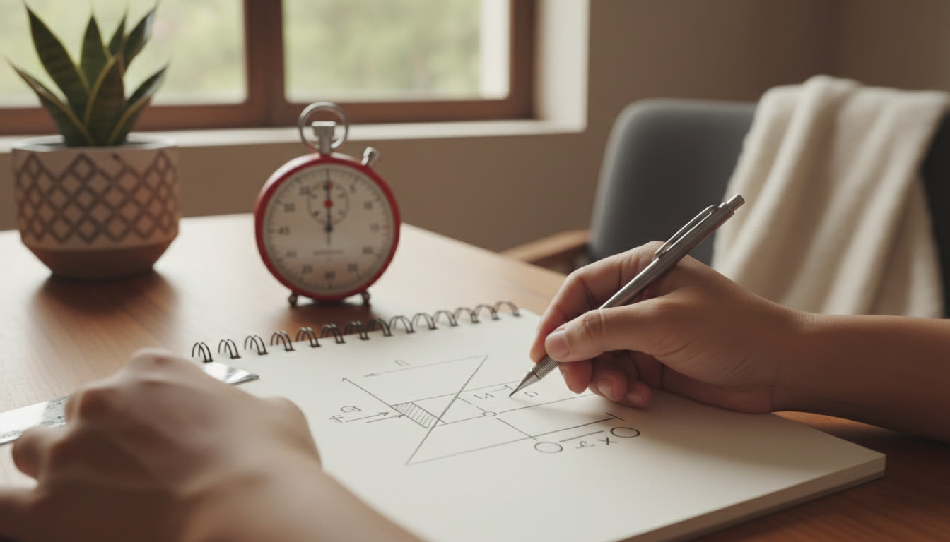 Photo Idea : Close-up of hands writing a physics free-body diagram while a stopwatch ticks in the background.