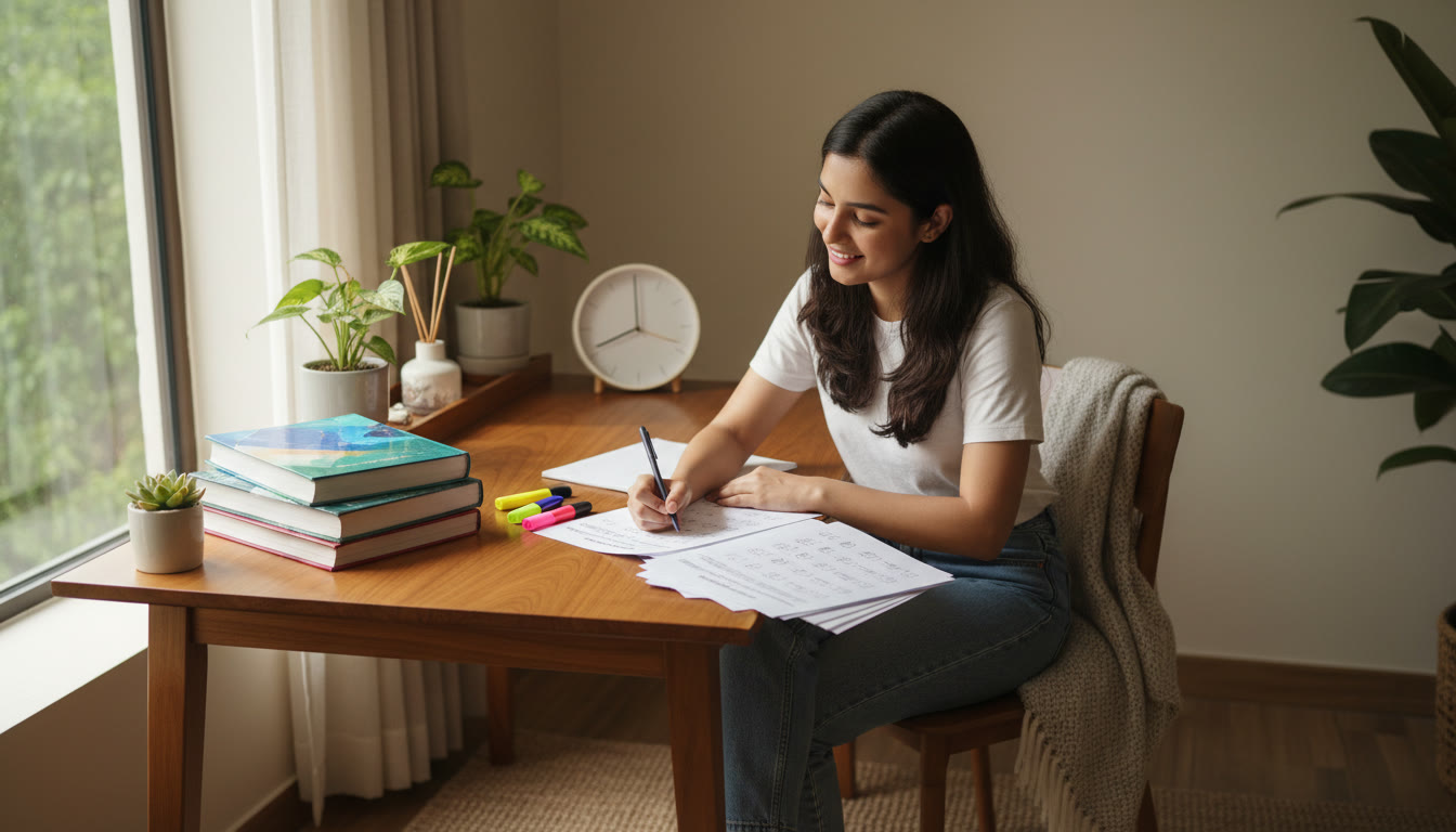 Photo Idea : Student at a desk with ISC textbooks on one side and NEET MCQ practice sheets on the other, a clock and highlighters visible