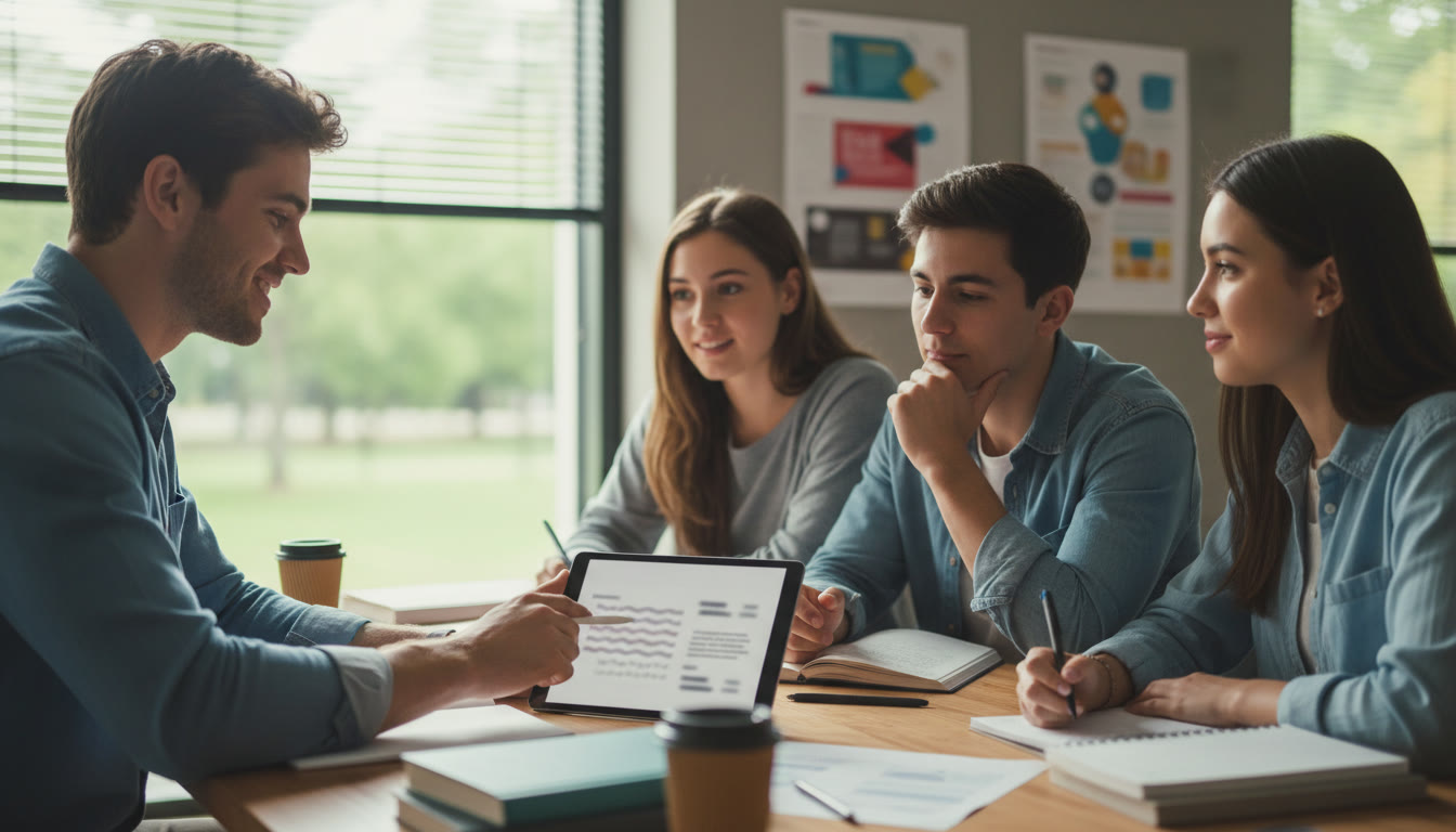 Photo Idea : Small group tutoring session with a tutor pointing at a Spanish text on a tablet
