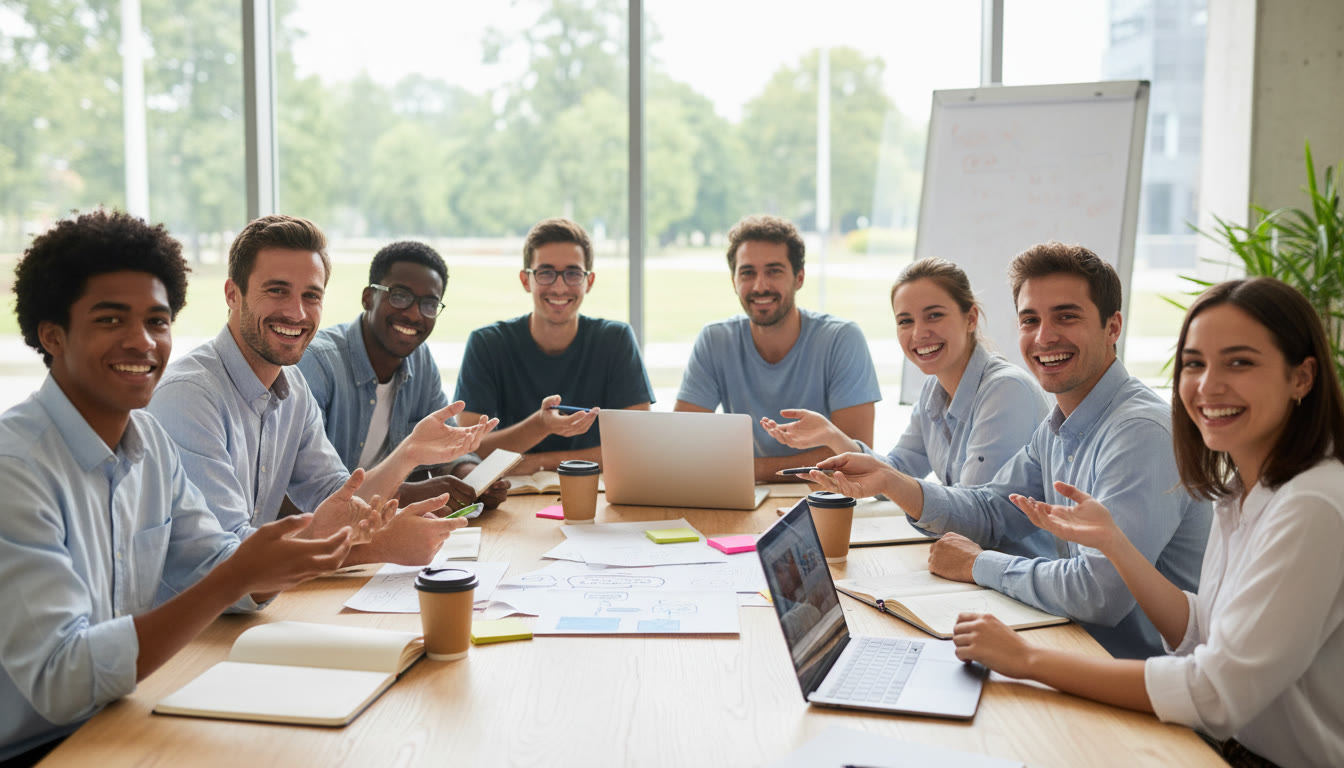Photo Idea : Students meeting with NGO staff around a table, brainstorming with notebooks and laptops