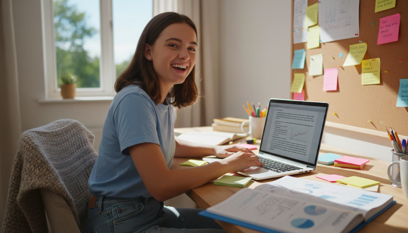 Photo Idea : IB student at a desk surrounded by notes, a laptop with an essay draft, and an open syllabus